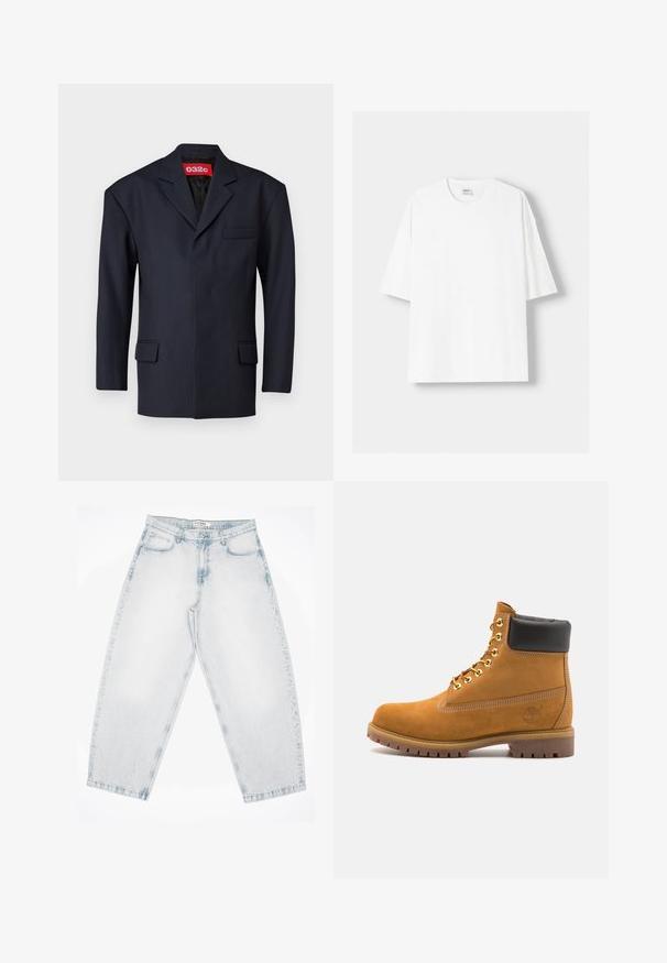 Mornarničko plavi sako izrađen od glatkog materijala. Ima jedan džep na lijevoj strani grudi, dva prednja džepa i suptilan dizajn ovratnika.; Bijela kratkodlana majica s kratkim rukavima, izrađena od pamuka, s okruglim izrezom i opuštenim krojem. Gladak materijal, bez vidljivih uzoraka ili akcenta.; Svijetloplavi traperice s opuštenim, širokim krojem. Imaju pet džepova, kopčanje na gumb i šivane detalje. S blijedom teksturom i ravnim nogavicama.; Antracitne antilop čizme do gležnjeva s crnim podstavljenim ovratnikom, zlatnim metalnim rupicama, bijelim šavovima i robusnom gumenom potplatom s izraženim šarama.