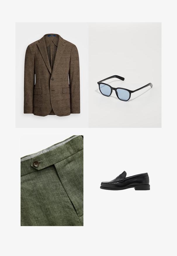 Sacou cu carouri maro, cu rever în unghi, două buzunare frontale și închidere cu un singur nasture. Materialul texturat adaugă profunzime designului.; Cămașă cu mâneci lungi de un albastru deschis, cu guler clasic, tiv drept și o textură subtilă. Prezintă un închidere centrală cu nasturi.; Pantaloni din in de culoare verde măslin, cu pliu frontal, dotati cu închidere cu nasture și căptușeală cu un model în carouri contrastant la talie.; Mocasini negri din piele, cu un finisaj neted, detalii cusute pe vârf și un design cu toc jos pentru confort și stil.; Ochelari de soare negri cu rame rectangulare, lentile de culoare albastru deschis și textură din plastic neted. Prezintă brațe înguste cu un detaliu discret al logo-ului.