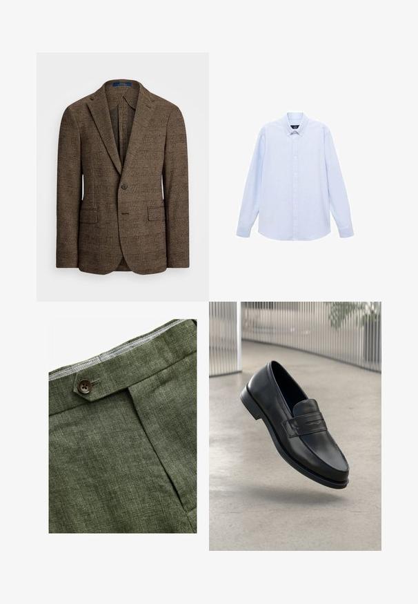 Brązowa marynarka w kratę z wyciętym kołnierzem, dwoma przednimi kieszeniami i zapięciem na jeden guzik. Teksturowana tkanina dodaje głębi do projektu.; Jasnoniebieska koszula z długim rękawem, zapinana na guziki, z klasycznym kołnierzykiem, prostym dołem i subtelną teksturą. Posiada centralne zapięcie na guziki.; Zielone lniane spodnie w odcieniu oliwkowym z plisami z przodu, posiadające zapięcie na guzik i kontrastową kratkowaną podszewkę w pasie.; Czarna skórzana wsuwana półbut, o gładkiej fakturze, spiczastym nosku i ozdobnym paskiem na podbiciu. Lekka podeszwa, minimalistyczny design.