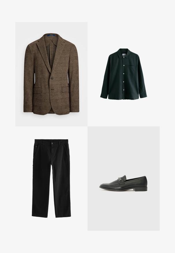 Blazer marrón a cuadros con solapa muesca, dos bolsillos frontales y un cierre de un solo botón. La tela texturizada añade profundidad al diseño.; Camisa de botón de color verde oscuro con cuello, mangas largas y un bolsillo en el pecho; cuenta con botones blancos y una textura suave.; Pantalones de algodón negros con un diseño de pierna recta, con cierre frontal de botón, bolsillos laterales en ángulo y detalles de costura sutiles.; Mocasín de cuero negro con un acabado suave, que cuenta con un diseño de costura y un acento decorativo de cadena de metal en el empeine. Tacón plano.