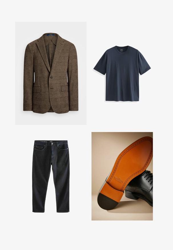 Brūns šahs žakete ar izgriezto apkakli, divām priekšējām kabatām un vienu pogu aizdari. Tekstūrveida audums piešķir dizainam dziļumu.; Navy zila kokvilnas T-kreklu ar apaļu kaklu, īsām piedurknēm un brīvu piegriezumu. Gluda tekstūra bez redzamām rakstu vai akcentu detaļām.; Tumši zili džinsi ar taisnu piegriezumu, kontrastējošām šuvēm, divām priekšējām kabatām un pogu aizdari jostasvietā.; Melnas ādas kurpes ar teksturētu augšdaļu, kontrastējošu brūnu ādas zoli un melnu papēdi. Iespējama redzama diegu šuvē un logo uz iekšējās zolītes.