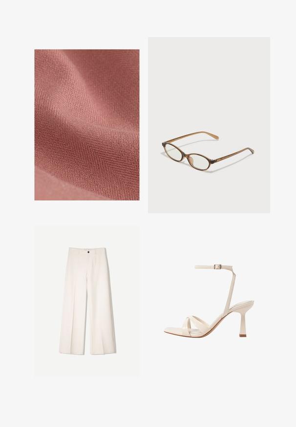 Un matériau textile avec une surface douce et texturée dans une teinte rose atténuée, arborant un subtil motif diagonal et une sensation de douceur.; Haut sans manches blanc avec un col rond, présentant une texture subtile, un détail en forme de trou de serrure au dos et un ourlet droit.; Pantalons larges crème avec un design ajusté, comportant deux poches avant et une fermeture à un bouton sur le devant, fabriqués en tissu lisse.; Sandales à talons hauts beiges avec un bout ouvert, présentant des brides croisées, une sangle de cheville avec une boucle, et un talon épais. Fini lisse.; Lunettes en écaille de tortue marron avec des verres ovales, des branches fines et des accents transparents. Présente un logo subtil sur la branche. Design élégant et léger.