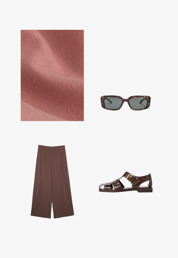 Kangasmateriaalilla, jossa on pehmeä, teksturoitu pinta hillityssä vaaleanpunaisessa sävyssä, jossa on hienovarainen diagonaalinen kuvio ja ylellinen tunne.; Ruskea lyhythihainen t-paita, joka on valmistettu pehmeästä kankaasta. Paita on pyöreäkauluksinen ja rento leikkaukseltaan. Pintakuvasto on sileä ilman kuvioita tai koristeita.; Ruskeat leveälahkeiset housut, joissa on sileä pinta, korkea vyötärö ja etupleat. Kangas on kevyttä ja laskeutuu väljänä.; Ruske nahkale sandale s izrezanim dizajnom, prilagodljivo sponko na strani in ravnim podplatom, z metalnimi detajli in odprtimi prsti.; Silmälasit pähkinäkuoresta, joissa on suorakulmaiset linssit, paksut kehykset ja tummennetut linssit. Sileä pinta ja minimalistinen muotoilu.