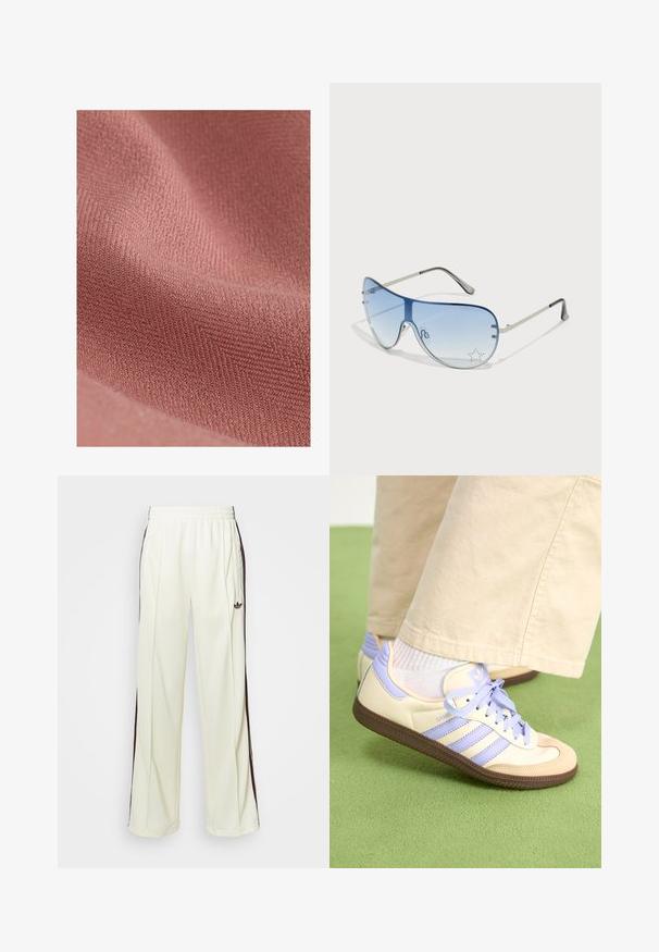Material tessile con una superficie morbida e texturizzata in una tonalità di rosa tenue, caratterizzato da un sottile motivo diagonale e una sensazione di morbidezza.; T-shirt bianca in cotone con maniche corte e scollatura rotonda. Presenta un logo Adidas nero sul petto e un colletto interno a contrasto nero.; Pantaloni sportivi color crema con vestibilità rilassata, caratterizzati da strisce laterali marrone scuro e un logo ricamato sulla coscia sinistra.; Sneakers crema e lavanda con tre strisce e suola marrone texturizzata, dotati di lacci e tallone imbottito. Parte superiore in tessuto morbido.; Occhiali da sole aviator con lenti blu sfumate, montatura in metallo argentato e decorazioni a forma di stella sulle lenti. Design liscio e sofisticato.