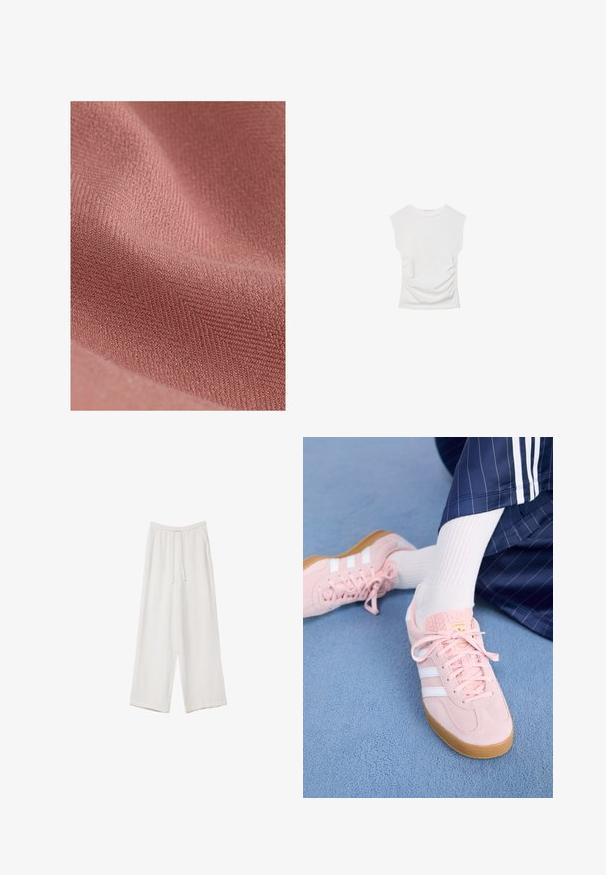 Textilní materiál s měkkým, strukturovaným povrchem v tlumené růžové barvě, který má jemný diagonální vzor a hebký pocit.; Bílý top s krátkým rukávem a kulatým výstřihem. Má na stranách nařasenou texturu a přiléhavý siluetu, vyrobený z měkkého, elastického materiálu.; Bílé široké kalhoty vyrobené z lehké tkaniny. Mají elastický pas se šňůrkou a boční kapsy. Hladká textura.; Svetle růžové semišové tenisky s bílými pruhy a tkaničkami, s texturovaným jazykem a gumovou podrážkou, položené na modrém koberci.