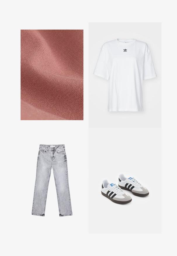 Material tessile con una superficie morbida e texturizzata in una tonalità di rosa tenue, caratterizzato da un sottile motivo diagonale e una sensazione di morbidezza.; T-shirt bianco a maniche corte in cotone. Presenta un collo rotondo e un piccolo logo Adidas nero sul petto. Orlo dritto.; Jeans in denim grigio con taglio dritto, dettagli sfilacciati, cinque tasche e rivetti in rame. La cintura presenta un'etichetta con il logo.; Scarpe sportive con tomaia in pelle bianca, punta in suede grigia e tre strisce nere. Presentano un logo blu sulla linguetta e una suola in gomma testurizzata.