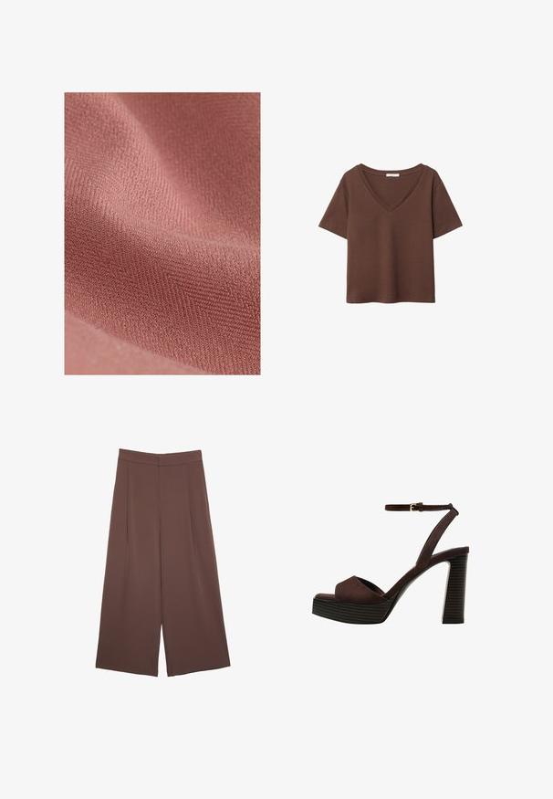 Tekstilmateriale med en blød, tekstureret overflade i en afdæmpet lyserød nuance, der har et subtilt diagonalt mønster og en fyldig følelse.; Brun bomulds t-shirt med korte ærmer og dyb V-hals. Enkel design, blød tekstur og lige kant. Ingen mønstre eller detaljer.; Brune bredbunde bukser med en glat tekstur, der har høj talje og plisseringer foran. Stoffet er let og falder løst.; Brune ruskinds højhælede sandal med åben tå, justerbar ankelrem og en stribet plade sål.