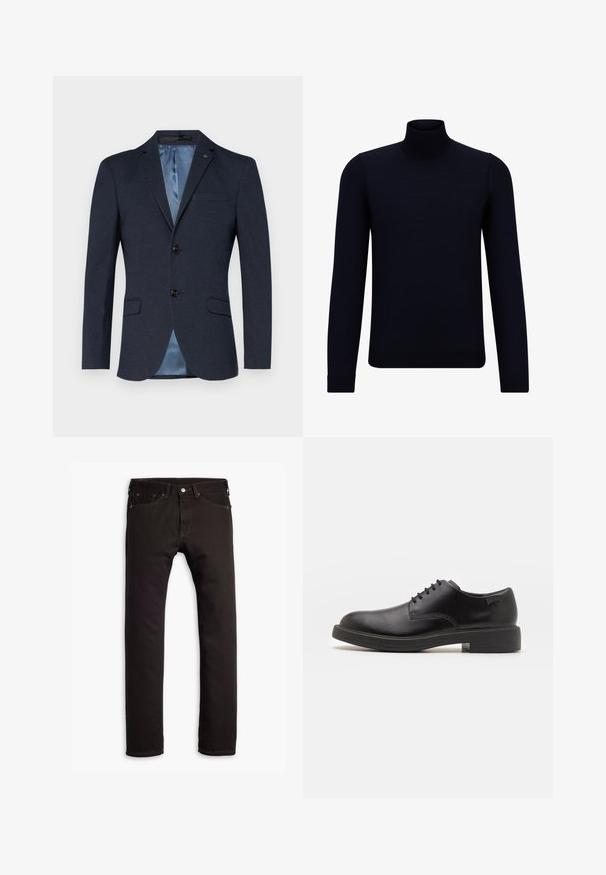 Tumesinine bleiser koos tekstuuriga viimistlusega, ühekordne nööpide design, kolm nööpi ja kontrastne helesinine satiinvooder. Sisaldab kahte esikotti.; Tume meresinine kõrge kaelusega pitsilise lõikega kampsun, mis on valmistatud peenest kudumiskangast, millel on pikad varrukad ja istuv, kõrge kaelus. Ilma nähtavate mustrite või aksessuaarideta.; Mustad musta värvi slim-fit teksad viie taskuga ja nööbiga kinnitamine, laidudena valgel taustal.; Must beemel levalis kingad ümarate varvastega, sileda pinnaga, minimaalsete õmblustega ja madala kummist kontsaga. Logo kontsa peal.