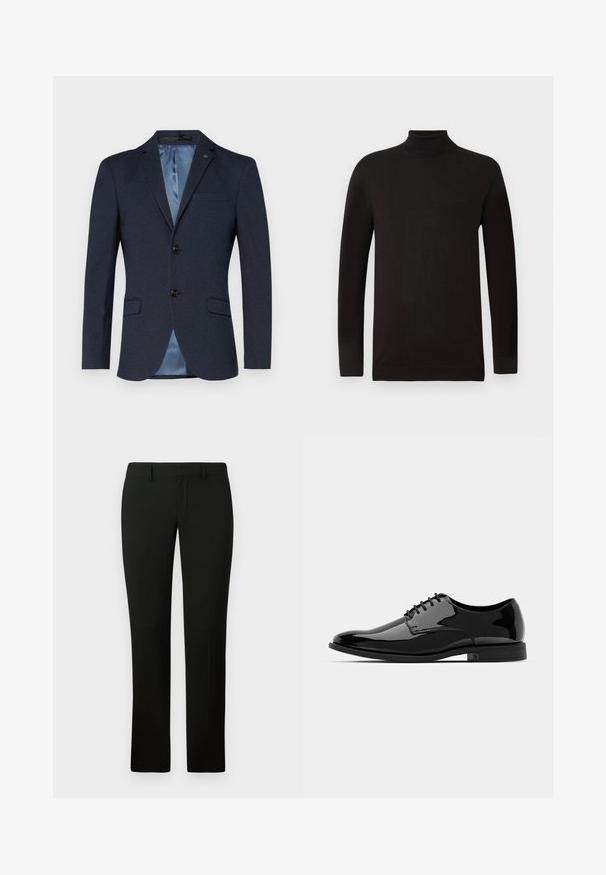 Tumši zils žakets ar teksturētu apdari, viensprādzis dizains, trīs pogas un kontrastējoša gaiši zila satīna oderējums. Iekļautas divas priekšējās kabatas.; Melna turtlenecks džemperis, izgatavots no mīkstas adītas auduma. Pieder garas piedurknes un pieguļošs dizains ar ribotām malām un apkakli. Minimāla zīmola identifikācija.; Melnas bikses ar pielāgotu piegriezumu, kas raksturojas ar gludu faktūru un taisniem kāju piegriezumiem. Jostasvieta ir aprīkota ar jostu cilpām un ir iztīrīta.; Melna laika kurpe no patentētās ādas ar noapaļotu purngalu, aukliņu dizainu un gludu, spīdīgu virsmu. Aprīkota ar zemu profilu gumijas zoli.