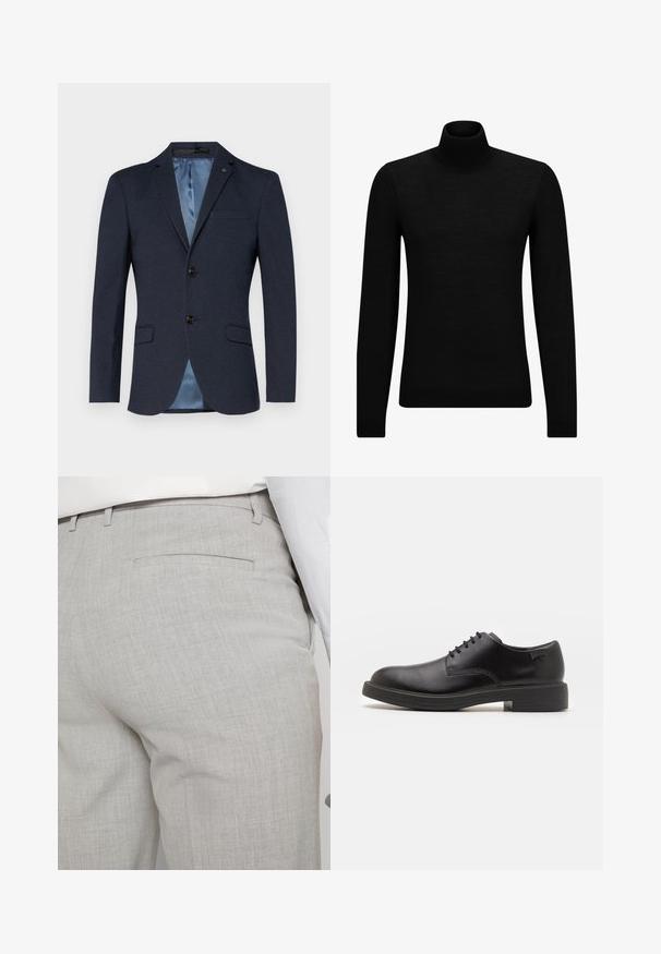 Blazer blu navy con finitura testurizzata, design a doppiopetto, tre bottoni e foderato in satin azzurro chiaro a contrasto. Dotato di due tasche frontali.; Maglione a collo alto nero realizzato in materiale morbido, con maniche lunghe e vestibilità aderente. Bordo a coste all'orlo e ai polsini. Design semplice.; Pantaloni sartoriali grigio chiaro realizzati in tessuto strutturato, con una tasca posteriore singola e cuciture pulite.; Scarpa nera in pelle con lacci, punta tonda, texture liscia, cuciture minime e tacco in gomma basso. Logo sul tacco.