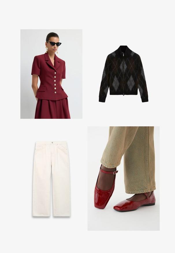 Vrouw in een op maat gemaakt bordeauxrood colbert met korte mouwen en gouden knopen, een bijpassende rok, zwarte kattenoog zonnebril en gouden hangende oorbellen.; Gevoerde cardigan in zwart, antraciet en bruin met een ruitpatroon. Gemaakt van een gestructureerde breiselstof, met een opstaande kraag.; Effen witte T-shirt met korte mouwen en een ronde hals, met een slim fit, vlak weergegeven tegen een witte achtergrond.; Witte wijde denim jeans met een knoopsluiting, vijf zakken en subtiele stiksels. Schoon, minimalistisch ontwerp.; Rode lakleren schoenen met een vierkante neus, lage hak en enkelbandje, gecombineerd met lichtgroene wijde jeans. Glad textuur, reflecterend oppervlak.