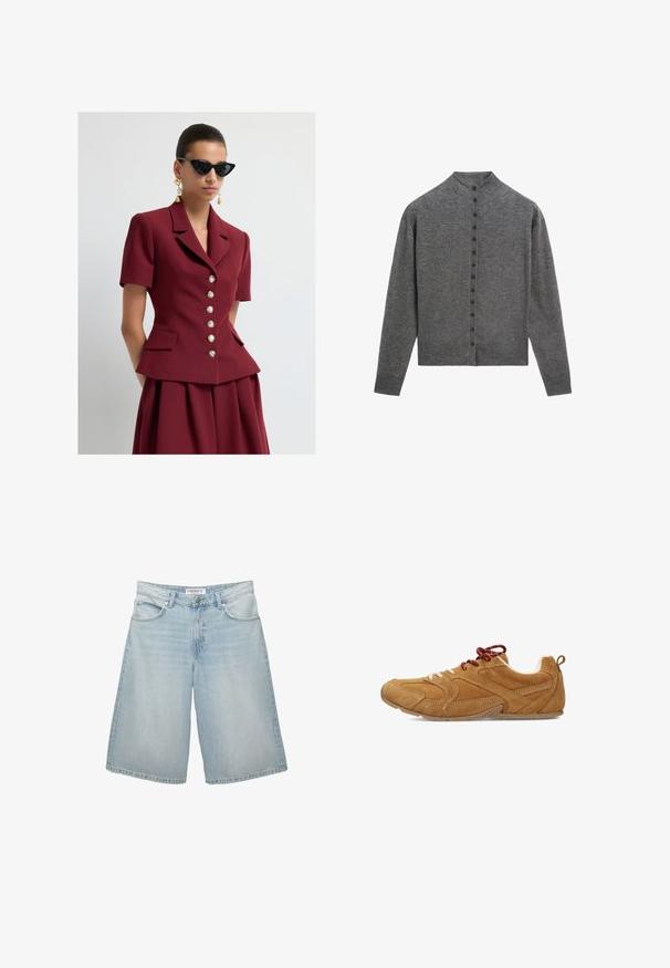 Vrouw in een op maat gemaakt bordeauxrood colbert met korte mouwen en gouden knopen, een bijpassende rok, zwarte kattenoog zonnebril en gouden hangende oorbellen.; Grijze cardigan van zacht materiaal, met een hoge halslijn, lange mouwen en een rij van zes knopen aan de voorkant.; Effen witte T-shirt met korte mouwen en een ronde hals, met een slim fit, vlak weergegeven tegen een witte achtergrond.; Lichtblauwe denim shorts met een wijde pijpdesign, voorzien van vijf zakken, riemlussen en een rits. Glad textuur met lichte vervaging.; Tan suède schoenen met een textuur, voorzien van witte en rode veters, een ronde neus en een flexibele rubberen zool.