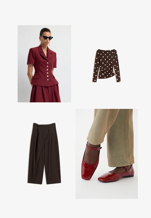 Frau in einem taillierten burgunderfarbenen Kurzarmjackett mit goldenen Knöpfen, passendem Rock, schwarzen Cat-Eye-Sonnenbrillen und goldenen, hängenden Ohrringen.; Braunes Langarmoberteil mit tiefem Rundhalsausschnitt, das große weiße Punkte aufweist und eine Raffung an der Taille für eine figurbetonte Passform hat.; Dunkelbraune, weite Hosen mit hohem Bund, die über einen einzigen Knopfverschluss und eine gefaltete Vorderseite verfügen. Hergestellt aus leichtem Stoff.; Rote Lacklederschuhe mit quadrater Zehenform, niedrigem Absatz und Knöchelriemen, kombiniert mit hellgrünen weiten Jeans. Glatte Textur, reflektierende Oberfläche.