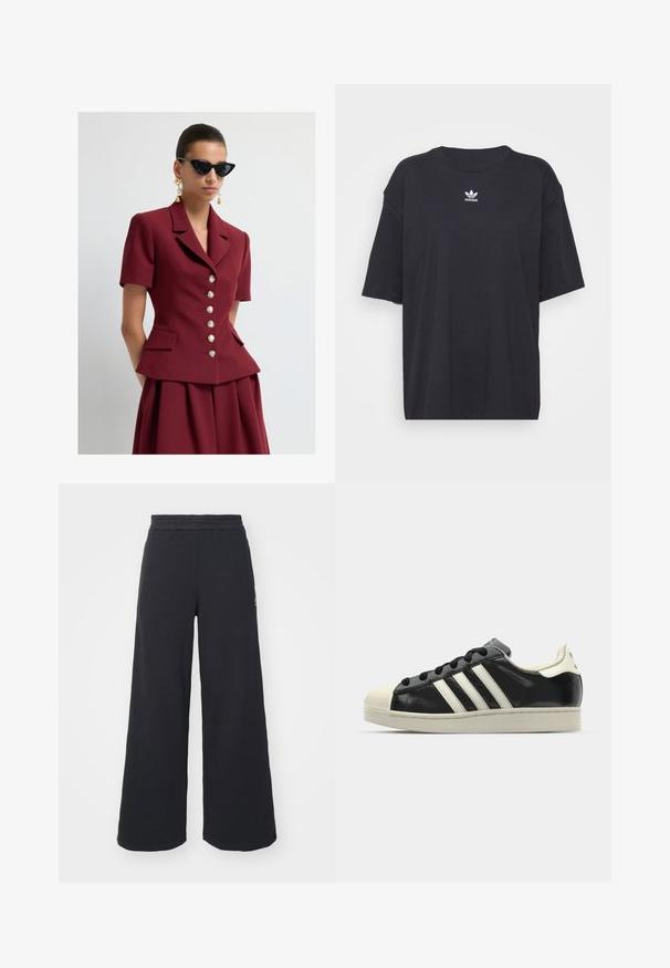 Mujer con una chaqueta corta burgundy a medida de manga corta con botones dorados, falda a juego, gafas de sol negras con forma de ojo de gato y pendientes dorados colgantes.; Camiseta de algodón negra con mangas cortas, cuello redondo, presenta un logo blanco de Adidas en el pecho. Diseño simple, ajuste relajado.; Pantalones de chándal negros de pierna ancha, hechos de una tela suave, con una cintura elástica y un pequeño logo en el lado izquierdo.; Zapatilla de cuero negro con rayas blancas, puntera de goma, cordones negros y suela color crema. Textura suave con acabado brillante.