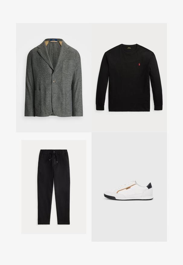 Polo Ralph Lauren MODERN HERRINGBONE SPORT COAT - Blazer - black/cream; Camisola de manga longa preta feita de algodão. Apresenta um colarinho redondo, punhos canelados e um pequeno logo bordado vermelho no peito. Textura suave.; Calças pretas de corte descontraído com cintura elástica, cordão e bolsos frontais. Feitas de um tecido suave e leve.; Tênis atléticos brancos com detalhes em malha e couro. Apresenta um logotipo dourado "BOSS", painéis laterais texturizados e um capô de calcanhar preto. Sola em borracha.