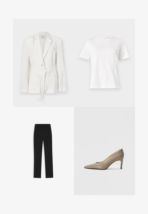 White linen blazer with a single button closure, notched lapels, and a fabric belt. Features two front pockets and a textured finish.; White cotton t-shirt with short sleeves, round neckline, and a relaxed fit. Smooth texture, no patterns or accents, minimalistic design.; Black tailored trousers with a straight-leg design, featuring front pockets and a smooth, textured fabric. Neat, minimal detailing.; Beige leather high heel shoe with a pointed toe and a slim, 7 cm heel. Smooth surface and minimalistic design with no visible embellishments.
