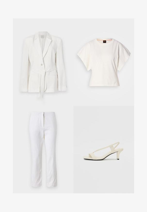 Biely ľanový blejzer s jedným gombíkom, s rázporkami a látkovým opaskom. Obsahuje dve predné vrecká a textúrovaný povrch.; Biely skrátený tričko, krátke široké rukávy, mäkký bavlnený materiál, okrúhly výstrih s jemným oranžovým lemovaním, minimalistický dizajn, bez vzorov alebo grafiky.; Biele bavlnené nohavice so striedmym strihom, s pásom strednej výšky a bez viditeľných kovových prvkov alebo vzorov. Hladká textúra po celom obvode.; Béžové sandále na blokovom podpätku s tenkými pásikmi a štvorcovou špičkou. Hladký materiál s minimálnym detailovaním, navrhnuté pre ľahké nosenie.