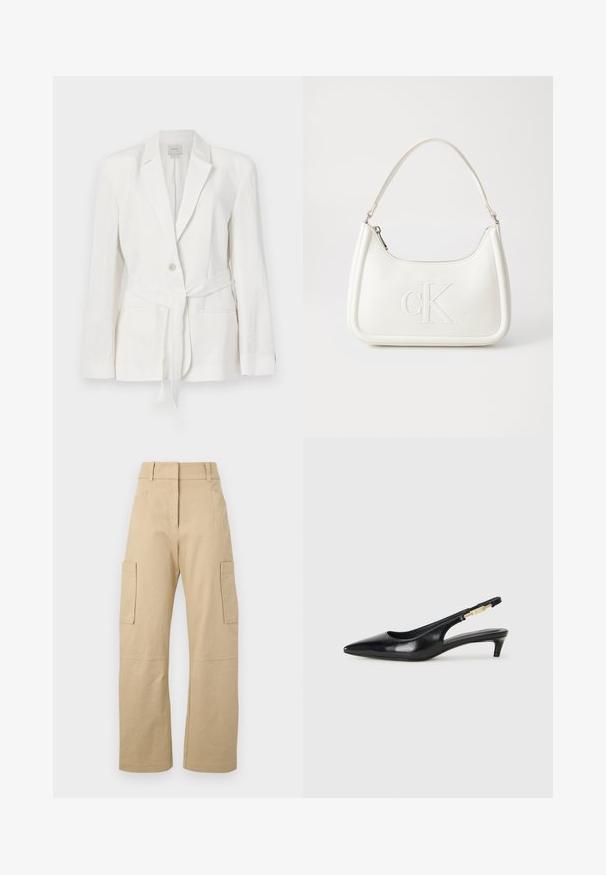 Hvit lin blazer med en enkelt knappelukking, notched lapels og et stoffbelte. Har to frontlommer og en teksturert overflate.; Svart bomull T-skjorte med rund hals, korte ermer og et brodert logo på brystet. Enkel, avslappet passform uten mønstre.; Beige cargo bukser laget av bomull, med høy midje, brede ben, to sidelommer og to store cargo-lommer på lårene.; Sorte lærreim hæler med spiss tå, som har en slank hæl og en gullfarget detalj på den justerbare stroppen. Glatt tekstur.; Hvit lærveske med en buet fasong, med et preget "CK"-logo på forsiden og en enkel skulderstropp. Glidelåslukking på toppen.