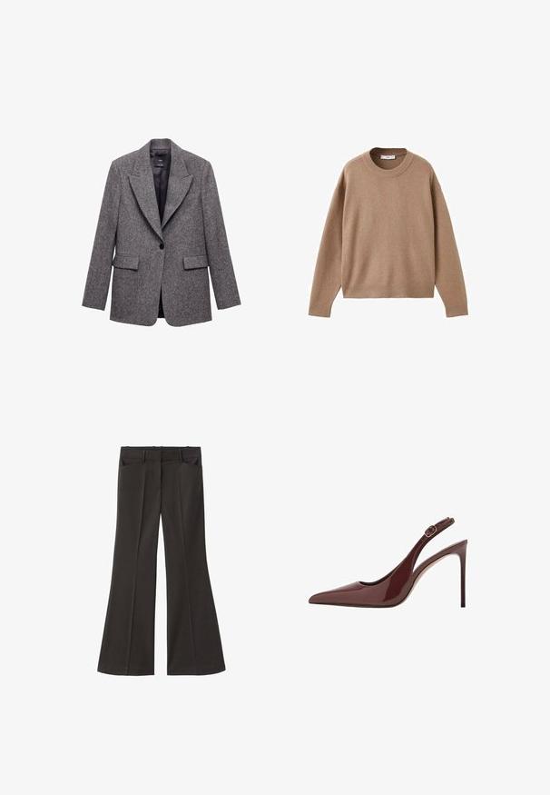 Mango Kratka jakna - grey; Nježni bež džemper dugih rukava s okruglim izrezom, s rebrastim manžetama, donjim rubom i izrezom, prikazan ravno na bijeloj pozadini.; Crne široke hlače s visokim strukom; sadrže dva prednja džepa i glatku teksturu materijala. Pogodne za razne prigode.; Tamnosmeđi lakirani kožni salonke s oštrim vrhom, sa remenom za zakopčavanje i tanjim stiletto potpeticom.