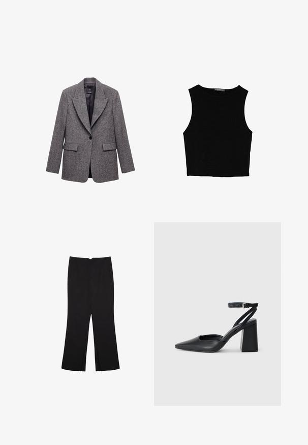Mango - Żakiet; Czarny bezrękawnik crop top z gładkiego materiału, z okrągłym dekoltem i czystym, prostym wzornictwem, bez wzorów czy metalowych elementów.; Czarne spodnie o prostym kroju, z przednimi kieszeniami i bocznymi rozcięciami na dole. Wykonane z miękkiego, gładkiego materiału. Odpowiednie na różne okazje.; Czarne skórzane czółenka z ostrym noskiem, z paskiem na kostce i grubym obcasem. Gładka faktura, elegancki design i minimalistyczna estetyka.