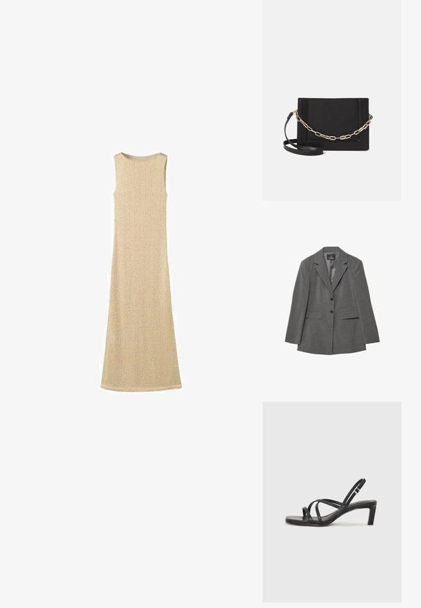 Sivobarvani prugaasti blejzer s prilegajočim krojem, klasičnimi reverji, dvema gumboma in dvema sprednjima žepoma. Narejen je iz teksturiranega blaga s gladkim podlogo.; Bež obleka brez rokavov z teksturiranim pletenim vzorcem, dolga dolžina in gladkim okroglim izrezom, ki ima subtilen tkani vzorec po celotni površini.; Črne natikače s trakovi in kvadratnim prstom ter nizkim blokastim peto. Imajo več tankih trakov in nastavljiv trak okoli gležnja. Narejene so iz gladkega usnja.; Črna usnjena torba čez ramo z gladko teksturo, pravokotno obliko in kovinskim verižnim detajlom spredaj. Vključena je nastavljiva naramnica.