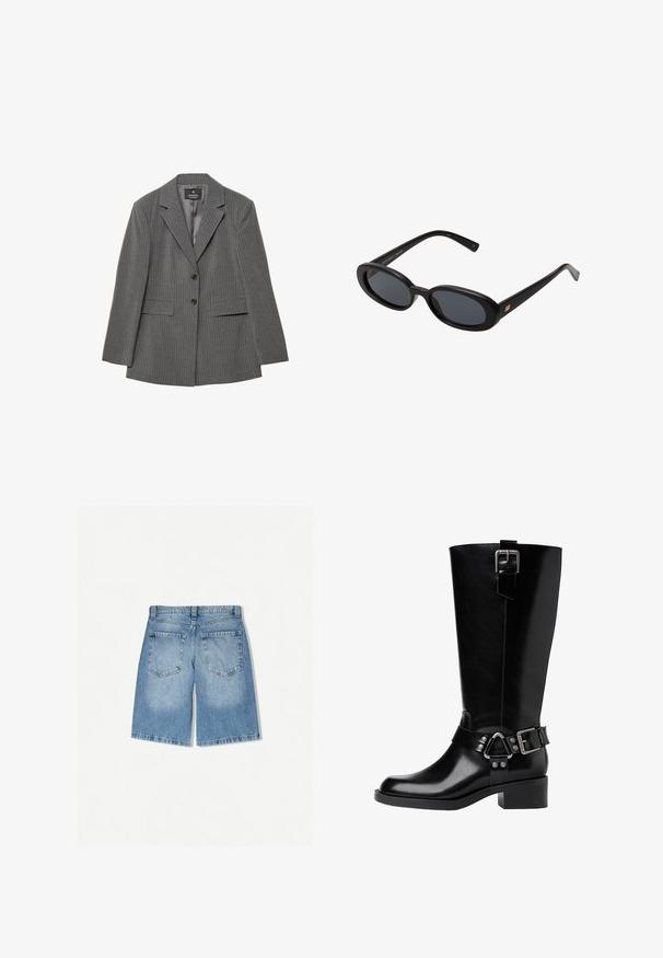 Sivý pruhovaný blejzer so zúženým strihom, s vykrojenými klopmi, dvoma gombíkmi a dvoma prednými vreckami. Vyrobený z textúrovanej tkaniny s hladkým podšívkou.; Košeľa s dlhým rukávom a zapínaním na gombíky, s vínovými a bielymi vertikálnymi pruhmi a špicatým golierom, položená na bielom pozadí.; Džínsové kraťasy vo svetlomodrej farbe s voľným strihom. Majú dve zadné vrecká a rovný strih. Hladká textúra s minimálnym vyblednutím.; Čierne kožené vysoké čižmy po kolená s okrúhlou špičkou, masívnym podpätkom, nastaviteľným remienkom s kovovými akcentmi a lesklým povrchom.; Čierne oversized slnečné okuliare s oválnymi šošovkami, hladkým plastovým rámom a zlatými akcentmi na straniciach. Tmavé šošovky poskytujú ochranu pred slnkom.; Čierna kožená taška cez rameno s zakriveným siluetou, vybavená zlatým reťazcom a hladkým, lesklým povrchom.