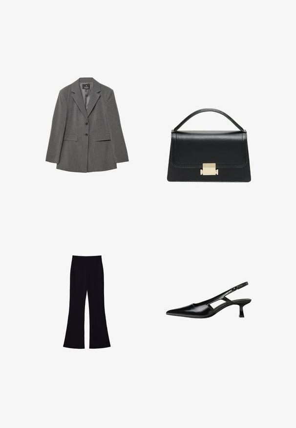 Šedý pruhovaný blazer s přiléhavým střihem, výstřihem do špičky, dvěma knoflíky a dvěma předními kapsami. Vyrobeno z texturované tkaniny s hladkým podšívkou.; Černý top bez rukávů vyrobený z hladké látky, s kulatým výstřihem a přiléhavým střihem bez viditelných vzorů nebo ozdob.; Černé rozšířené kalhoty s vysokým pasem a bez viditelných kapes nebo knoflíků, zobrazené na bílém pozadí.; Černé lakované lodičky na podpatku se špičatou špičkou, výřezovým designem na boku a malým čtvercovým podpatkem. Hladká textura s minimálními akcenty.; Černá kožená kabelka se strukturovaným designem, horním uchopením a zlatým kovovým zapínáním na přední straně. Hladký povrch, minimální švy.