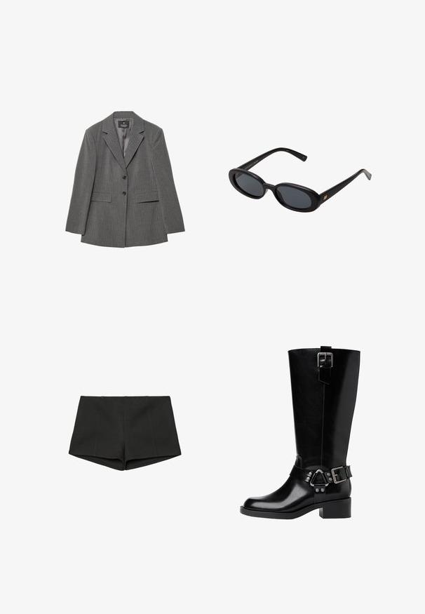 Sivý pruhovaný blejzer so zúženým strihom, s vykrojenými klopmi, dvoma gombíkmi a dvoma prednými vreckami. Vyrobený z textúrovanej tkaniny s hladkým podšívkou.; Čierny body s dlhými priesvitnými rukávmi, s plisovanou látkou vpredu a priliehavým spodkom. Hladká textúra a postavu tvarujúci silueta.; Čierne šortky vyrobené z textúrovaného materiálu, s vysokým pásom a priliehavým strihom s prednými švami. Žiadne viditeľné vrecká ani zapínanie.; Čierne kožené vysoké čižmy po kolená s okrúhlou špičkou, masívnym podpätkom, nastaviteľným remienkom s kovovými akcentmi a lesklým povrchom.; Čierne oversized slnečné okuliare s oválnymi šošovkami, hladkým plastovým rámom a zlatými akcentmi na straniciach. Tmavé šošovky poskytujú ochranu pred slnkom.; Čierna kožená taška cez rameno s zakriveným siluetou, vybavená zlatým reťazcom a hladkým, lesklým povrchom.