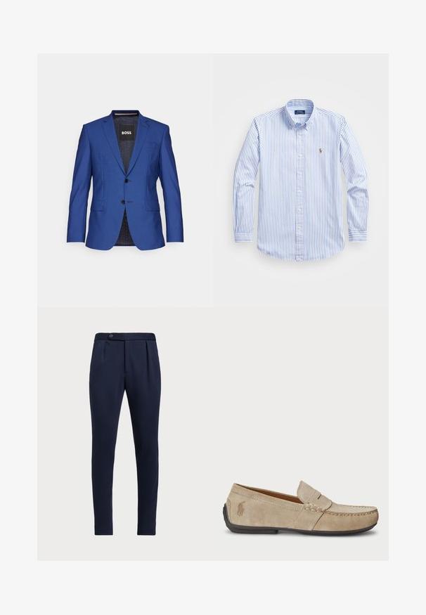 Blazer azul feito de tecido texturizado, com frente de um botão, dois botões e bolsos laterais; etiqueta de marca visível no interior.; Camisa abotoada listrada em azul claro e branco, com colarinho clássico, mangas longas e um pequeno logotipo bordado no peito.; Calças ajustadas azul-marinho com frente lisa, duas pregas frontais e fecho de botão único, apresentando um tecido liso e texturizado.; Mocassins de camurça beiges com um detalhe costurado, sola de borracha plana e um pequeno logotipo de lado. Design clássico de calçar, textura suave.