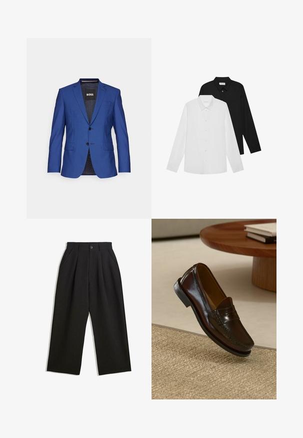 Modrý blazer z texturovaného materiálu s jednoradovým zapínáním, dvěma knoflíky a bočními kapsami; viditelná vnitřní etiketa značky.; Bílé a černé dlouhé rukávy s špičatými límečky, předními knoflíky a hladkou texturou látky. Etikety viditelné na vnitřní straně límce.; Černé kalhoty s uvolněným střihem, s průhyby v přední části, bočními kapsami a zapínáním na knoflík. Vyrobené z texturované látky.; Hnědé kožené loafery s lesklým povrchem, zdobené prošíváním vpředu a nízkoprofilovou černou gumovou podrážkou.