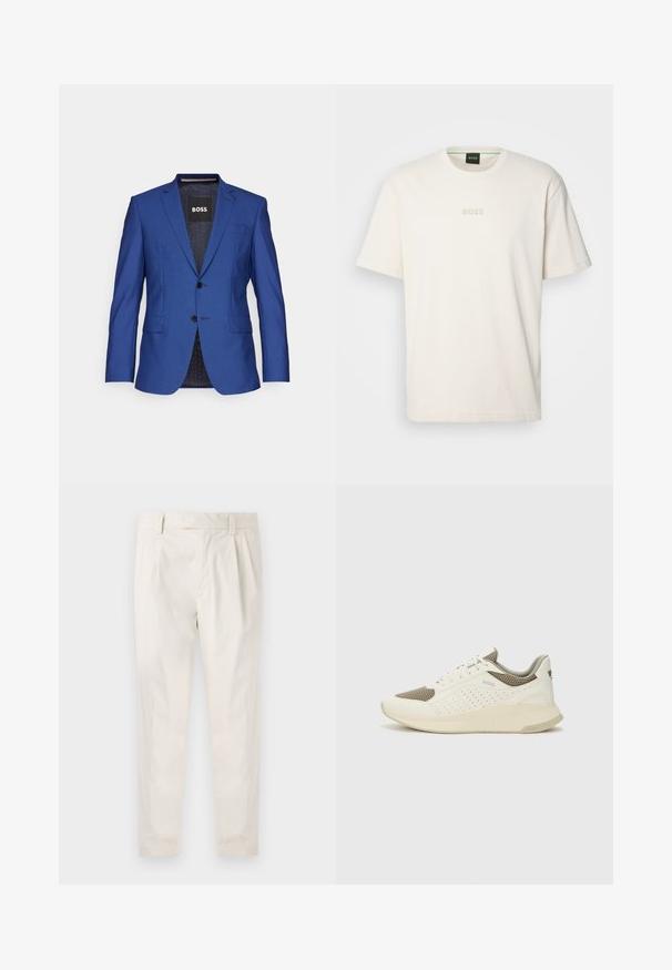 Modrý blazer z texturovaného materiálu s jednoradovým zapínáním, dvěma knoflíky a bočními kapsami; viditelná vnitřní etiketa značky.; BOSS TEE - Jednoduché tričko - open white; Bílé, plisované kalhoty s upraveným střihem, které mají hladkou texturu, poutka na opasek a zúžené nohavice. Bez viditelných kapes nebo vzorů.; Bílé a světle béžové atletické tenisky, které mají síťovaný svršek, perforované detaily a texturovanou mezipodešev s logem na patě.