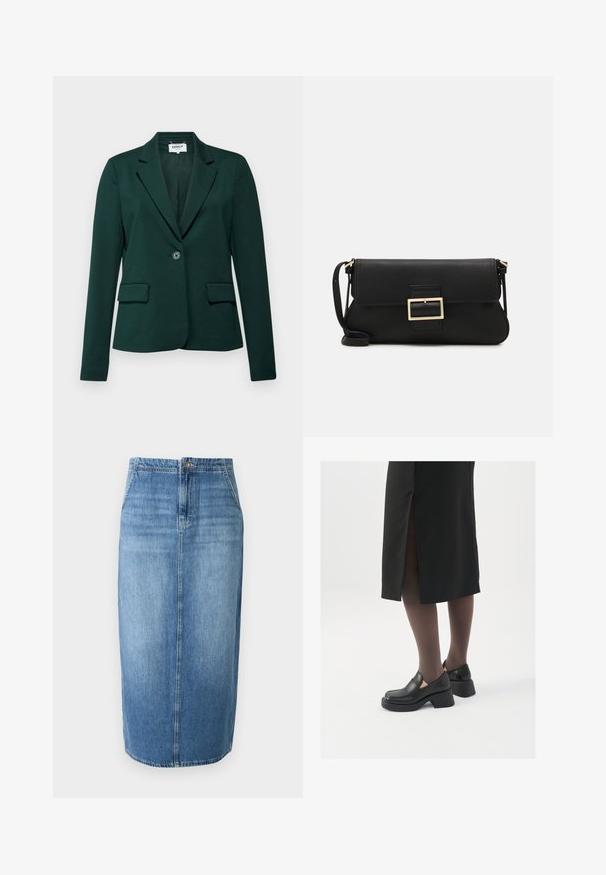 Sacou verde închis cu rever clasic, închidere cu un singur nasture și două buzunare frontale. Fabricat dintr-un material neted, elastic.; JDY JDYDINEA L/S REVERSIBLE - Pulover - fern; Fustă tip creion din denim, de culoare albastru deschis, cu un croi drept, închidere cu nasturi în față și estompare subtilă. Linia tivului este ușor deasupra genunchiului.; Pantofi din piele neagră cu vârful rotund, toc bloc gros și accente elastice pe lateral, asortați cu colanți închiși la culoare și o fustă neagră cu o fanta.; Geantă de mână din piele neagră, cu clapetă și un detaliu din metal auriu. Include o curea neagră și un design elegant, minimalist.