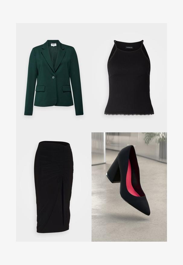 Dark green blazer with a notched lapel, single button closure, and two front pockets. Made of a smooth, stretch fabric.; Black ribbed tank top with scalloped lace trim at the hem. Features thin straps and a fitted design. Made from stretchable fabric.; Black, ruched pencil skirt with tie detail and a side slit. Made from a stretchy fabric, featuring a smooth texture and form-fitting design.; Black high heel shoe with a pointed toe, textured surface, and a vibrant pink interior. Features a chunky heel with silver accent.