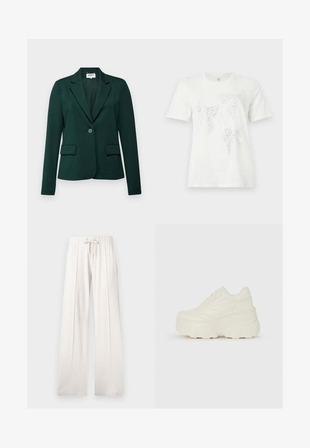 Blazer vert foncé avec un col cranté, fermeture à un bouton et deux poches avant. Fabriqué en tissu lisse et élastique.; T-shirt en coton blanc avec des nœuds ornés de strass de différentes tailles et formes sur le devant. Manches courtes et encolure ras du cou.; Pantalons de jogging beige clair en tissu doux, dotés d'une taille à cordon, de jambes larges et de coutures verticales, avec une texture lisse.; Baskets plateformes blanches avec une tige en simili cuir lisse, une forme arrondie, un col rembourré et une semelle en caoutchouc texturé avec des crampons définis.