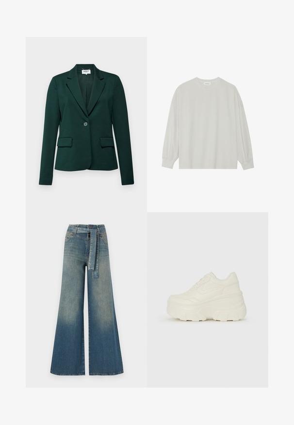 Temnozeleni blazer s reverjem, zapiranjem na en gumb in dvema sprednjima žepoma. Narejen iz gladkega, elastičnega materiala.; Svetlo siva majica s dugim rukavima izrađena od mekog pamuka. Ima slobodan kroj, okrugli izrez i blago nabrane manžetne. Bez uzoraka ili grafike.; Široke jeans hlače z gradientom od svetlo do temno modre, visokim pasom, zankami za pas in pasom iz istega materiala. Tekstura denim končnica.; Bele platformske tene z belim zgornjim delom, ki spominja na usnje, okroglo obliko, oblazinjen ovratnik ter gumo z teksturo na podplatu z izrazitimi profili.