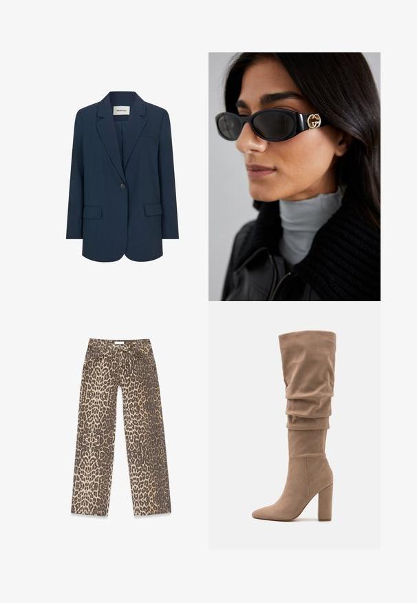 Tumši jūras zila žakete, kas izgatavota no gludas auduma, ar vienu pogu aizdari, ar iecirtumiem pie apakšmalām un divām priekšējām kabatām. Strukturēts un pielāgots dizains.; Balta poguota krekla ar norādītu apkakli, garām piedurknēm un nelielu zilu logotipu kreisajā krūtī. Izgatavota no kokvilnas auduma.; Leoparda raksta džinsi ar neitrālu beigas un brūnu krāsu paleti, taisnas kājas dizainu un tradicionālām kabatu detaļām.; Anna Field Zābaki - beige; Melni saulesbrilles ar gludu taisnstūra formu un zelta logo akcentu uz sāna. Tumši objektīvi un spīdīga apdare ir izceltas.; Baltas ādas crossbody soma ar zelta sprādzi, ar strukturētu dizainu, kontrastējošām malām un plānu regulējamu siksnu.