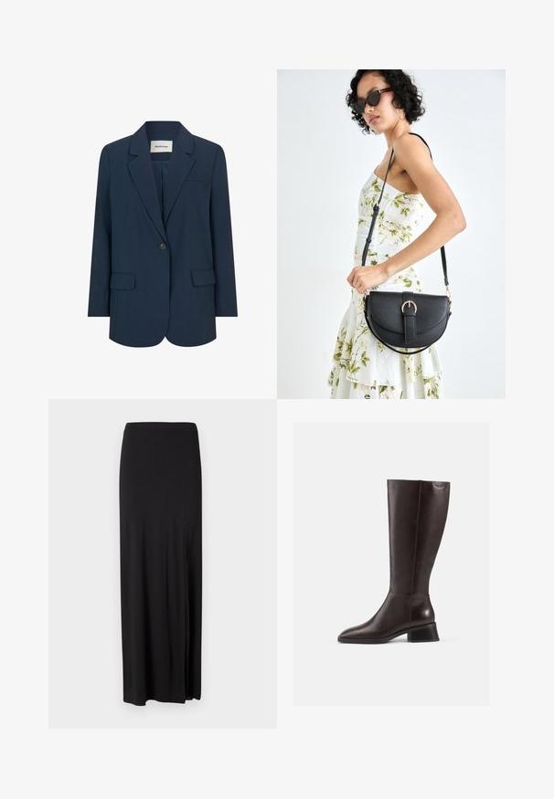 Tumši jūras zila žakete, kas izgatavota no gludas auduma, ar vienu pogu aizdari, ar iecirtumiem pie apakšmalām un divām priekšējām kabatām. Strukturēts un pielāgots dizains.; Melnas, garām piedurknēm blūze ar pepluma jostu. Gluda, satīna līdzīga auduma ar augstu apkakli un slēptu rāvējslēdzēju aizmugurē.; Melnā maxi svārki ir izgatavoti no mīksta, elastīga materiāla. Iedarbība ir sānu šķiršanās un vienkāršs, plūstošs dizains bez rotājumiem.; Ceļa augstuma brūni ādas zābaki ar gludu apdari, noapaļota purngala un melnu žurnālā. Vienkāršs dizains ar minimālām detaļām.; Melnas ādas rokassoma ar izliekta formu, noņemamu siksnu un zelta aksesuāriem. Somai ir vāciņš ar sprādzes detaļu.