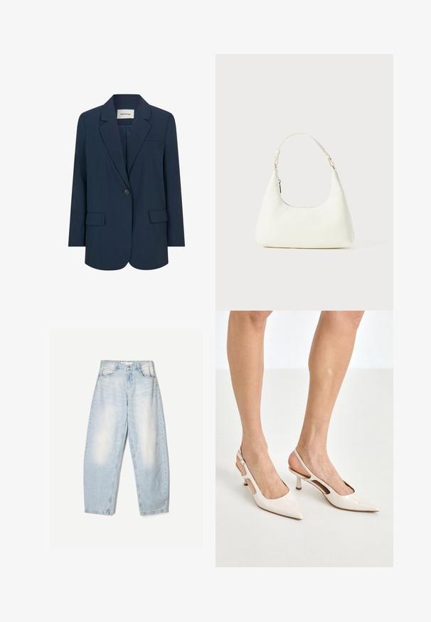 Blazer bleu marine foncé en tissu lisse, doté d'une fermeture à un bouton, de revers en pointe et de deux poches avant. Au design structuré et ajusté.; Débardeur en dentelle bleu clair avec des bretelles fines, présentant une bordure en dentelle à volants et un motif floral, conçu pour une silhouette ajustée.; Jean en denim bleu clair à coupe décontractée, avec une finition délavée, deux poches avant et une fermeture par bouton au niveau de la taille.; Escarpins à talon slingback en cuir verni beige avec un bout pointu et un talon de 5 cm, présentant des côtés découpés et une fine bride à la cheville.; Petit sac blanc à épaule avec une seule bandoulière ajustable et une fermeture éclair, sur un fond blanc uni.
