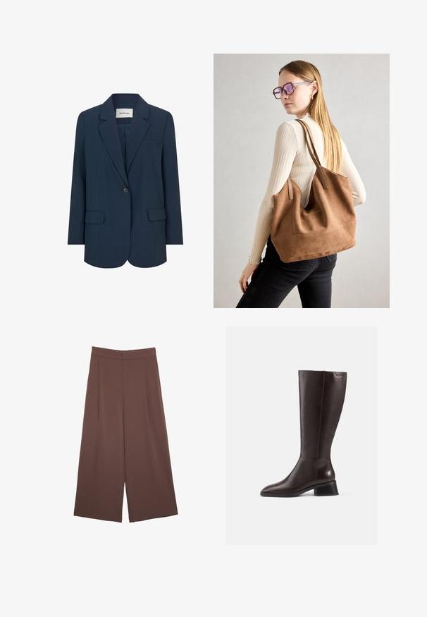 Tmavě modrý blazer vyrobený z hladké tkaniny, s jedním knoflíkem, klopami na límci a dvěma předními kapsami. Uspořádaný a stylizovaný design.; Hnědé tričko s krátkým rukávem vyrobené z měkké látky, s kulatým výstřihem a volným střihem. Bez viditelných vzorů nebo dekorací.; Hnědé široké kalhoty s hladkou texturou, vysokým pasem a předními záhyby. Materiál je lehký a volně splývá.; Hnědé kožené boty po kolena s hladkým povrchem, kulatou špičkou a černým podpatkem. Jednoduchý design s minimem kovových detailů.; Hnědá semišová taška přes rameno se soft-touch texturou, velkým otvorem a dlouhými popruhy. Disponuje jednoduchým designem s viditelným šitím a bez kovových prvků.