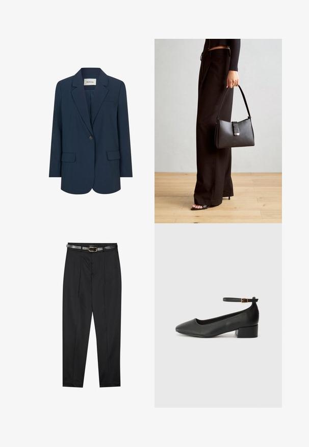 Blazer bleu marine foncé en tissu lisse, doté d'une fermeture à un bouton, de revers en pointe et de deux poches avant. Au design structuré et ajusté.; Haut noir à épaules dénudées en tissu extensible doux. Présente des manches courtes et une silhouette ajustée. Design simple et sans couture.; Pantalon noir en tissu lisse, avec une taille ajustée et une ceinture texturée grise avec une boucle en or. Jambes légèrement fuselées.; Escarpin en cuir noir avec un bout pointu et un petit talon bloc. Doté d'une bride de cheville avec une boucle dorée. Texture lisse.; Sac à main noir à la forme structurée, texture lisse et fermoir métallique. Associé à un pantalon noir ample et des sandales ouvertes sur un sol en bois.