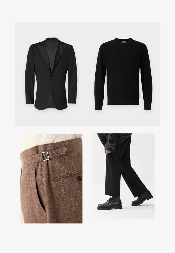 Giacca da smoking nera con rever satinato a punta, chiusura con un bottone, due tasche frontali e una fessura sul retro. Texture liscia.; Maglione nero lavorato a maglia con scollo rotondo, maniche lunghe e una texture a coste. Presenta un orlo dritto e un design minimale.; Pantaloni marroni su misura realizzati in tessuto testurizzato, con una fibbia argento in vita, pieghe e una tasca posteriore con bottone.; Scarpe in pelle nera con punta arrotondata, design con lacci e suola spessa e texture. Indossate con pantaloni neri su misura e un maglione a coste.