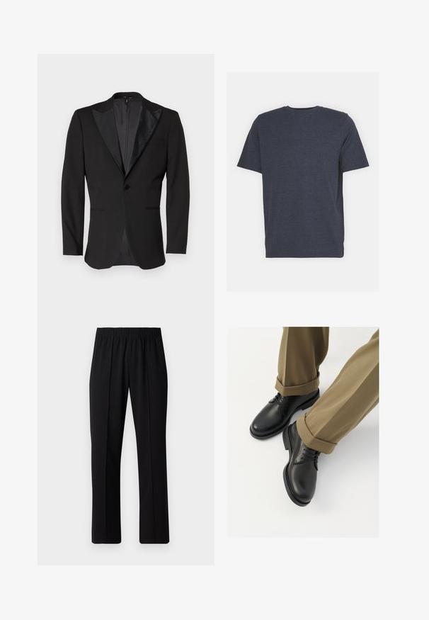Melnā uzvalka žakete ar satīna pīķa klapiem, vienu pogu aizdari, divām priekšējām kabatām un venti aizmugurē. Gluda tekstūra.; Jūras zila apdalījuma T-krekls ar apaļu kakla izgriezumu, izgatavots no maiga kokvilnas auduma, ar īsām piedurknēm un regular fit piegriezumu. Nav redzamu rakstu vai akcentu.; Melni elastīgi bikses ar taisnas kājas dizainu, ar gludu tekstūru un bez redzamām zīmēm vai detaļām.; Melnas ādas kleita apavi ar gludu virsmu, ar auklēm un noapaļotu purngalu, apvienoti ar sarullētām kaķi biksēm.