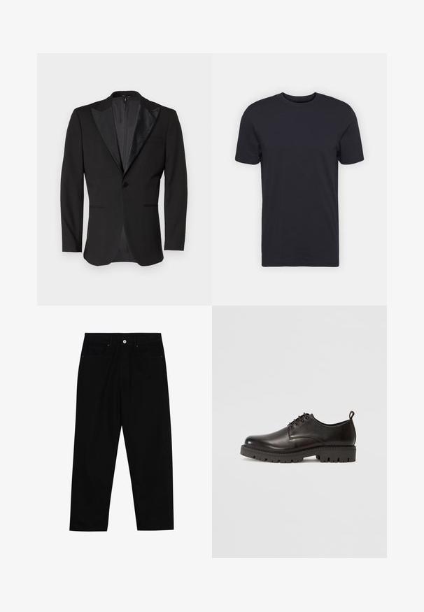 Zwarte tuxedo-jack met satijnen puntflappen, sluiting met één knoop, twee vo zakken en een split aan de achterkant. Glad van textuur.; Zwart katoen T-shirt, korte mouwen, ronde hals, effen kleur, lichte stof, gladde textuur, geen zichtbare patronen of graphics.; Zwarte denim broek met een recht gesneden pasvorm, vijf gebruikersvriendelijke zakken en een sluiting met een knoop aan de voorkant. Soepele textuur met minimale stikdetails.; Zwarte leren veterschoenen, met een gladde afwerking, ronde neus, dikke rubberen zool met profiel, en een klein hieltab.