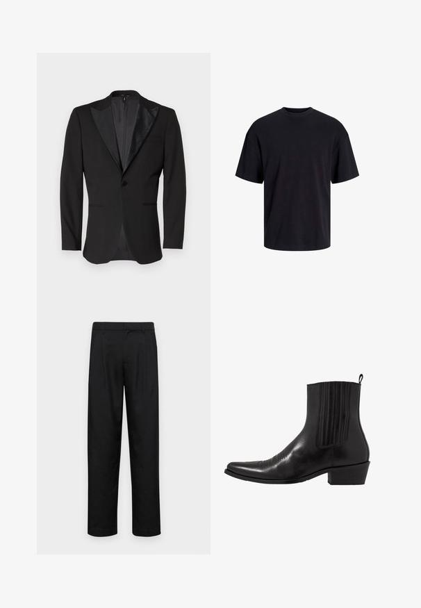 Juodas smokingas su satino viršūnėmis, vienu mygtuku užsegamas, dviem priekinėm kišenėm ir skeltuku gale. Lygus paviršius.; Juodas medvilninis marškinėlis su apvaliu iškirpimu, trumpomis rankovėmis ir laisvu siluetu. Glotni tekstūra, be matomų raštų ar akcentų.; Juodi kelnių modeliai, pagaminti iš lygios medžiagos, turi tiesią kojas, du priekiniai klostės ir standartinę juosmenį su diržo kilpomis.; Juodas odinis kulkšninis botas su smailiu pirštu, elastingomis šoninėmis dalimis, vertikaliu siuvinėjimu ir žemu stačiakampiu kulnu.