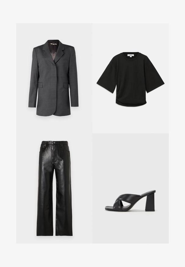 Sivý blejzer vyrobený z textúrovaného materiálu, s rázštepovým golierom, jednou náprsníkovou kapsou a dvoma prednými klopovými vreckami s rovnými rezačkami.; Čierne tričko s krátkym rukávom vyrobené z mäkkej bavlny, s okrúhlym výstrihom a voľným strihom s jemným zberaním na boku.; Čierne široké kožené nohavice s lesklým povrchom, ktoré majú predné vrecká, zips a zapínanie na gombík. Celková hladká textúra.; MAX&Co. SOHO - Sandále na vysokom opätku - schwarz