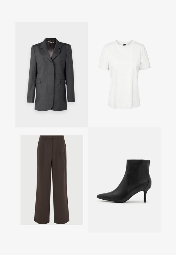 Szary żakiet wykonany z teksturowanej tkaniny, z wykładanym kołnierzem, pojedynczą kieszenią oraz dwiema przednimi kieszeniami z klapami o prostym kroju.; Biała koszulka z krótkim rękawem wykonana z bawełny, z okrągłym dekoltem i luźnym krojem. Gładka tekstura, bez widocznych wzorów czy ozdób.; Brązowe spodnie o szerokich nogawkach, wykonane z gładkiego materiału. Posiadają zaszewki z przodu oraz dopasowany pasek w talii z pętelkami do regulacji.; Anna Field - Ankle boot