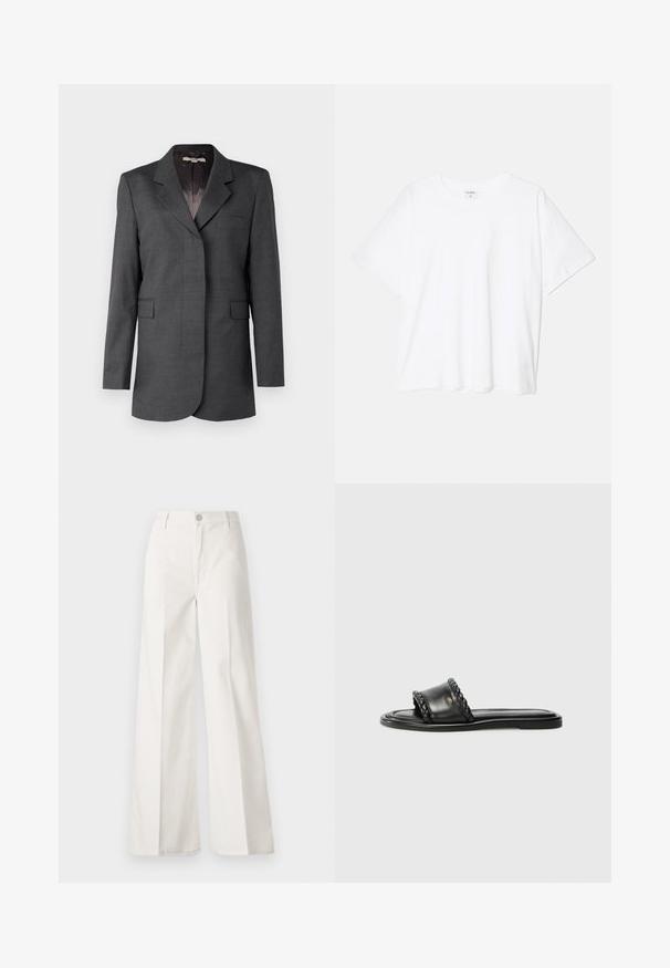 Grå blazer i strukturerat tyg, med snitt krage, en ficka och två framfickor med lock, i rak skärning.; Vit bomull t-shirt med kort ärm, rund halsringning, avslappnad passform och söm i nederkant. Etikett synlig på insidan av halsen.; Vita vida-byxor gjorda av bomull med en slät textur. Har en framknapp, gylf med dragkedja och fyra fickor.; Svart läder sandal med en vävd remdetailj, platt sula och en stilren design. Slät yta och minimalistisk profil.