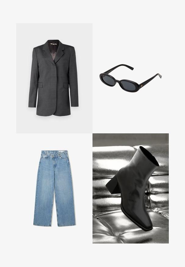 Šedý blazer vyrobený z texturované tkaniny, s klopovým límcem, jednou kapsou a dvěma předními klopovými kapsami se střihem rovně.; Hladká bílá dlouhá košile s dlouhým rukávem, kulatým výstřihem, zobrazená zezadu, ležící na bílém pozadí.; Světlé modré široké džínové kalhoty vyrobené z denimu, s vysokým pasem, pěti kapsami, knoflíkovým zapínáním a jemným vyblednutím pro texturu.; Černá kotníková bota vyrobená z lesklého materiálu se čtveratou špičkou a zúženým podpatkem, umístěná na lesklém stříbrném prošívaném pozadí.; Černé oversized sluneční brýle s oválnými čočkami, hladkým plastovým rámem a zlatými akcenty na spáncích. Tmavé čočky poskytují ochranu před sluncem.