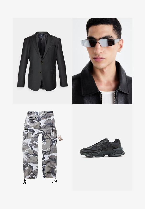 Juodas švarkas iš lygaus audinio, turintis įpjautus atlapus, du rudus mygtukus, dvi priekinės kišenes ir baltą kišeninio kvadrato akcentą.; Juodas džemperis su gradientiniu efektu, turintis priekinę kišenę, reguliuojamą gobtuvą su raišteliais ir pūkuotas rankogalius bei apačią. Minkšta medžiagos tekstūra.; Kamufliažo cargo kelnės pilkos ir baltos spalvų atspalviuose, turinčios kelis kišenes ir raištelį ant kulkšnies, leidžiantį pritaikyti dydį.; Juodas bėgimo batelis, pagamintas iš tinklinės ir sintetinės medžiagos, turintis stambų pado dizainą, kreivą formą ir ryškią prekės ženklą šone.; Kampinis pilkai tonuoti akiniai nuo saulės su sidabrinėmis detalėmis, prieš šviesų foną. Lęšiai turi unikalią geometrinę formą.