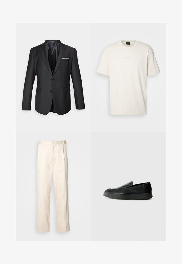 Black blazer made of smooth fabric featuring notched lapels, two brown buttons, two front pockets, and a white pocket square accent.; BOSS TEE - Basic T-shirt - open white; Beige cotton trousers with a straight-leg cut, featuring a button closure and pleats at the front for added detail.; Calvin Klein HYBRID CUP - Slip-ons - triple black